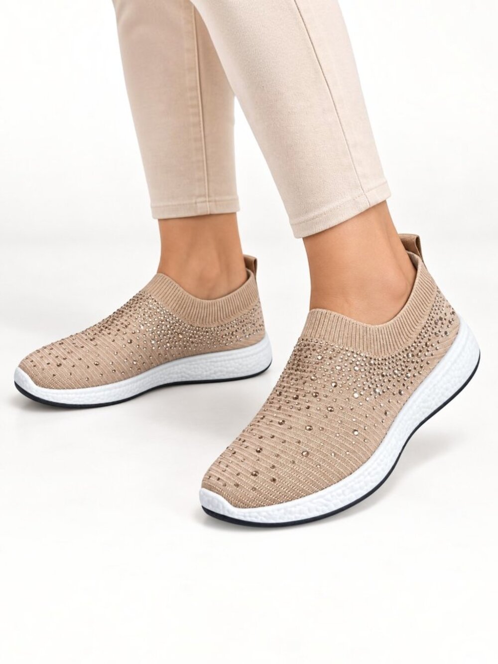 Embellished Rhinestone Jewel Knit Slip-On Sneakers Sparkly Fashion Beige Taupe
